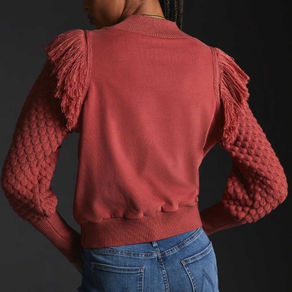ANTHROPOLOGIE DOLAN Fringed Sweater Cocoa Red Brown Women’s Size Small - Picture 2 of 8